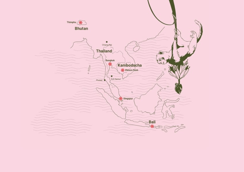 Karte von Südostasien mit Reisezielen Thailand, Kambodscha, Bhutan und Bali